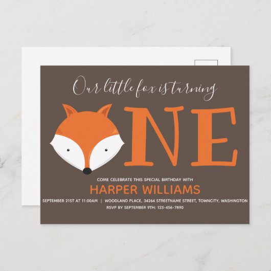 Fox Turing One First Animal Birthday Uitnodiging Briefkaart (Voorkant / Achterkant)