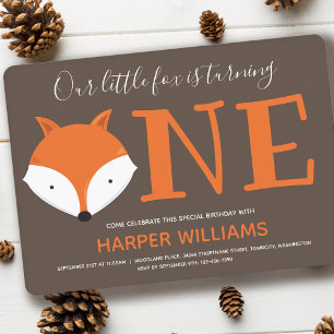 Fox Turning One First Animal Birthday Invitation Kaart