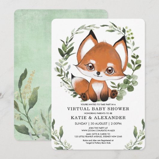 Fox Virtual Baby shower van Mail Woodland Green Kaart (Voorkant / Achterkant)