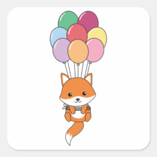 Fox vliegt omhoog met kleurrijke ballonnen vierkante sticker