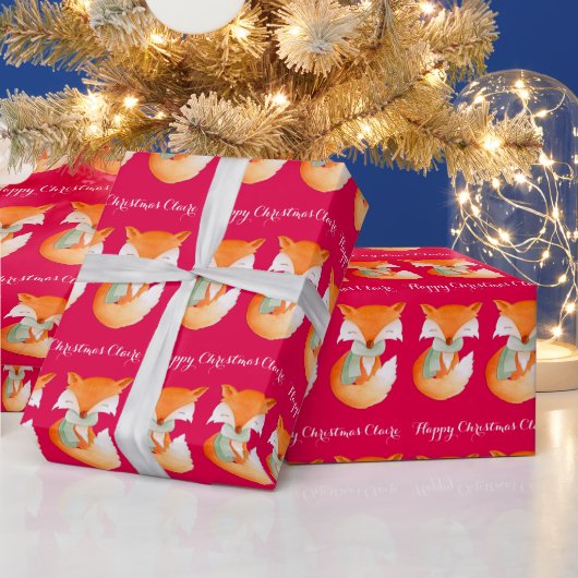 Fox welp winter art naam kerst rood wrap cadeaupapier (Feestdagen)