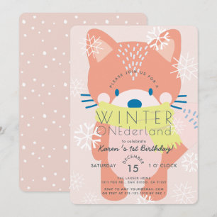 Fox Winter Onederland Roze 1e verjaardag Uitnodigi Kaart