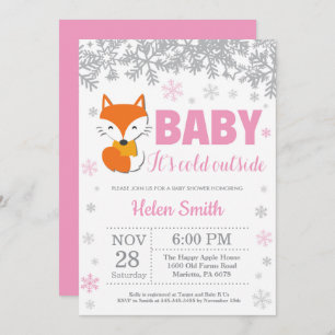Fox Winter Pink Girl Baby shower Snowflake Kaart