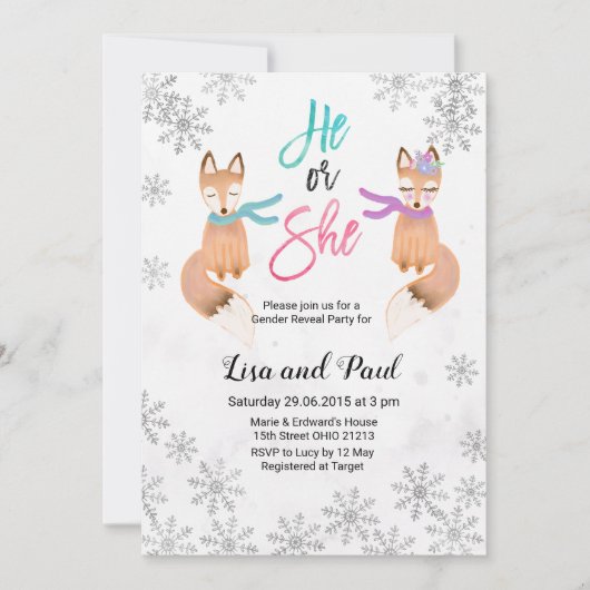 Fox Winter Silver uitnodiging voor genderonthullin (Voorkant)