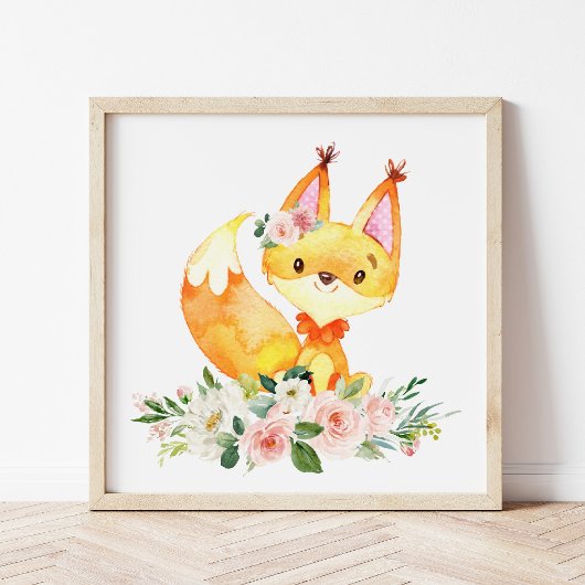 Fox, Woodland Animals, Boho, Roze Bloemen Poster