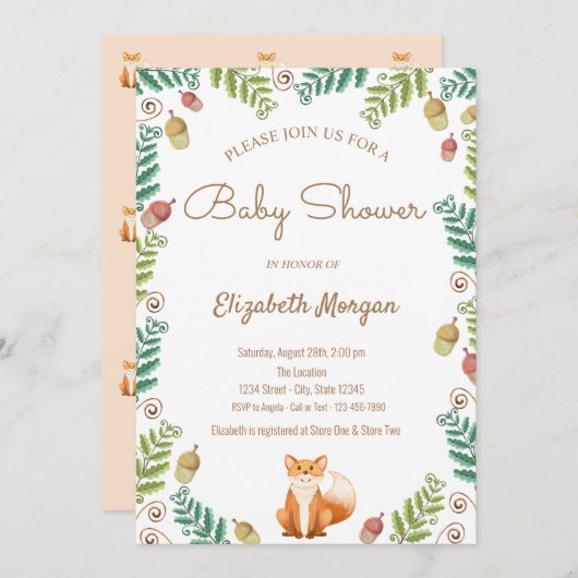 Fox, Woodland Baby shower Invitation Kaart (Voorkant / Achterkant)