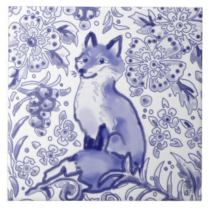 Fox Woodland Floral Blue Folk Nordic Drawing Tegeltje