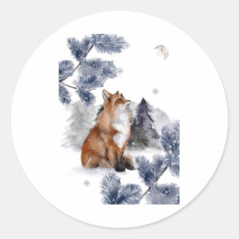 Fox ziet de maan in de winter ronde sticker