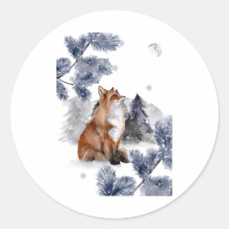 Fox ziet de maan in de winter ronde sticker
