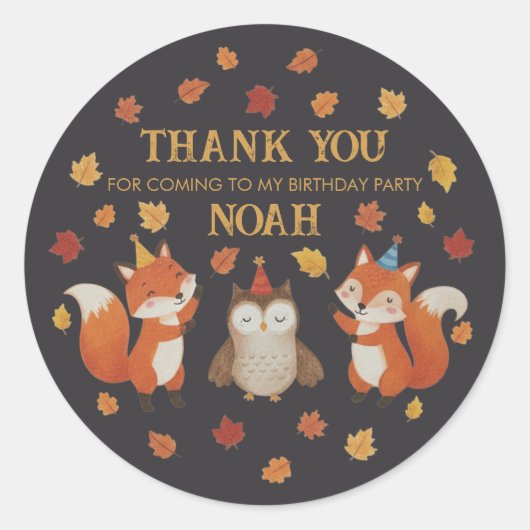 Foxes and Owl Woodland Fall Kids Birthday Sticker (Devant)