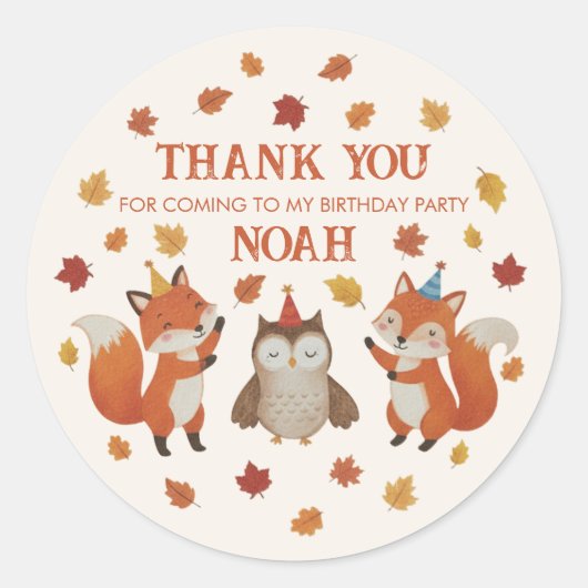 Foxes and Owl Woodland Fall Kids Birthday Sticker (Devant)