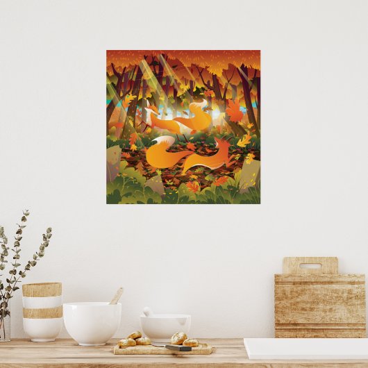 Foxes die spelen in het herfstbos poster (Keuken)