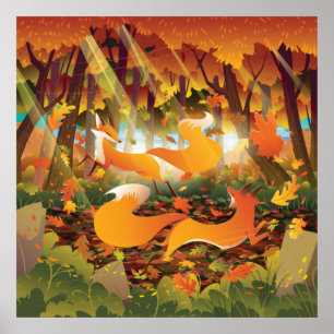 Foxes die spelen in het herfstbos poster