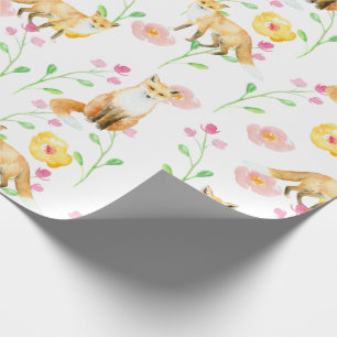 Foxes en Flowers Pink Yellow Mint Waterverf Cadeaupapier