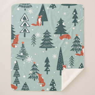 Foxes, fir-trees, snow, hand drawn. Colorful seaml Sherpa Deken
