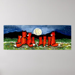 Foxes Fox Famille Regarder Lune Poster Marine Nuit