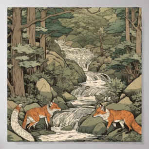 Foxes in het japanse landschap poster