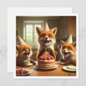 Foxes mangeant gâteau, renards invitation annivers (Devant / Derrière)