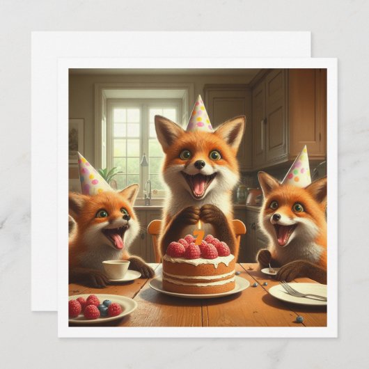 Foxes mangeant gâteau, renards invitation annivers (Devant / Derrière)