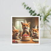 Foxes mangeant gâteau, renards invitation annivers (Debout devant)