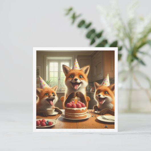 Foxes mangeant gâteau, renards invitation annivers (Debout devant)