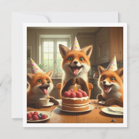 Foxes mangeant gâteau, renards invitation annivers (Devant)