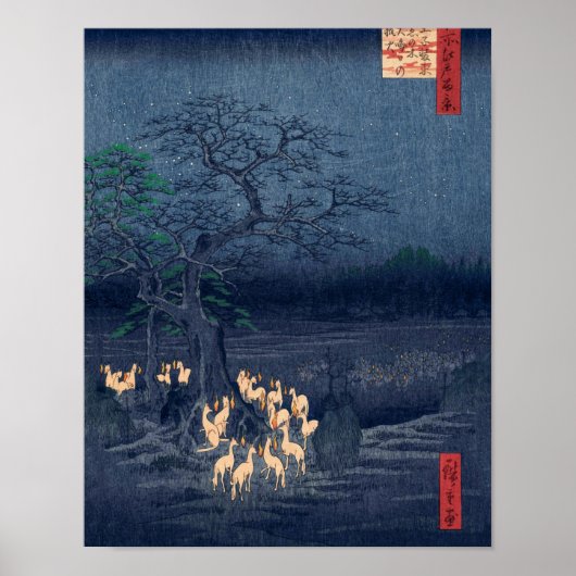Foxes op Night Shrine Ukiyo-e Japans Kunst Poster (Voorkant)