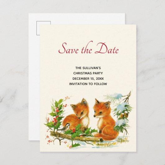Foxes Retro kerstscène sparen de Datum Uitnodiging Briefkaart (Voorkant / Achterkant)