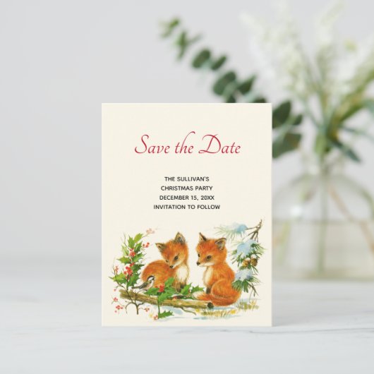  Foxes Retro kerstscène sparen de Datum Uitnodiging Briefkaart (Staand voorkant)