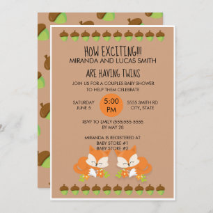 Foxes Woodland Animals Twins Baby shower Invite Kaart
