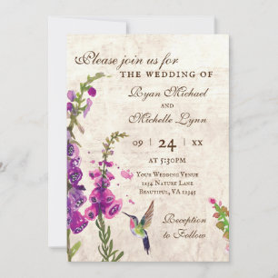 Foxglove Flowers and Hummingbird Garden Wedding Kaart