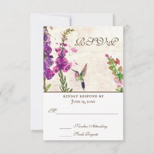 Foxglove Flowers, Hummingbird All-in-One Weddensch RSVP Kaartje