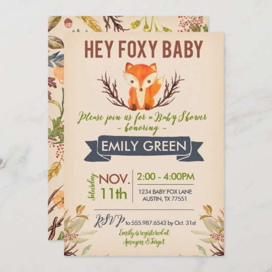 Foxy Baby shower Invitation Forêt Fox (Devant / Derrière)
