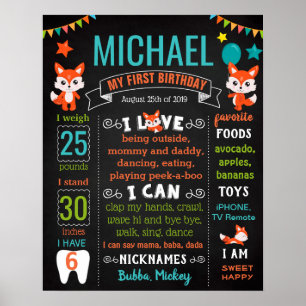 Foxy Fox First Birthday party chalkboard Poster
