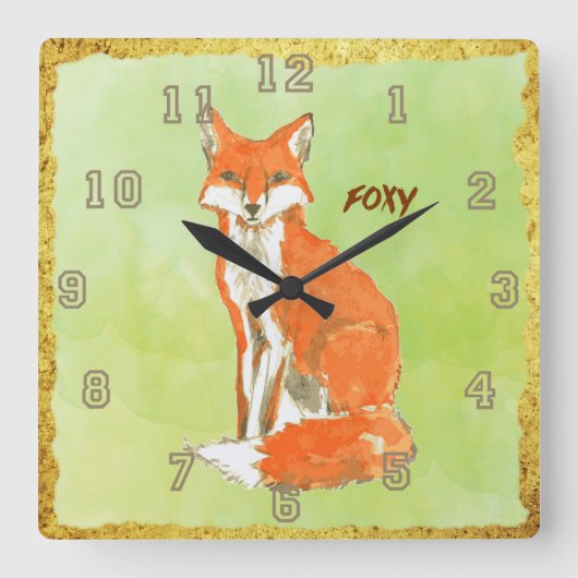 Foxy Ginger Fox Waterverf Vierkante Klok (Voorkant)