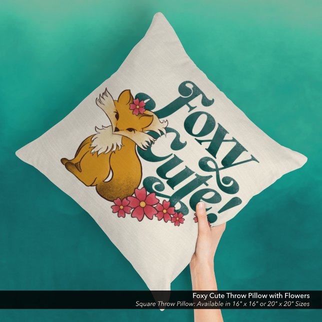 Foxy Schattige met bloemen Kussen (Foxy Cute Square Throw Pillow with Hand Drawn Fox and Flower Arwork.)