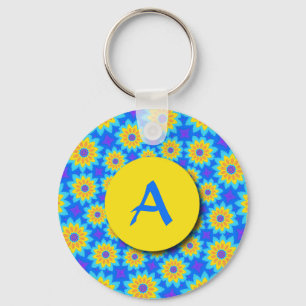Fractal Blue Patchwork Daisies Monogram Sleutelhan Sleutelhanger