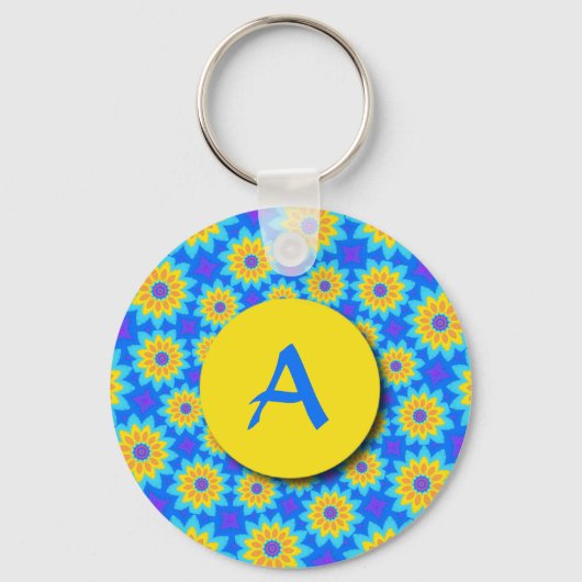 Fractal Blue Patchwork Daisies Monogram Sleutelhan Sleutelhanger (Voorkant)