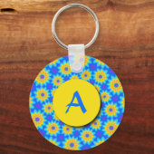 Fractal Blue Patchwork Daisies Monogram Sleutelhan Sleutelhanger (Voorkant)