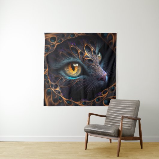 Fractal Cat Face in zwarte en trillende kleuren Wandkleed (In situ)