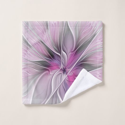 Fractal Floral Moderne Abstrait Fleur Rose Gris (Gant de toilette)