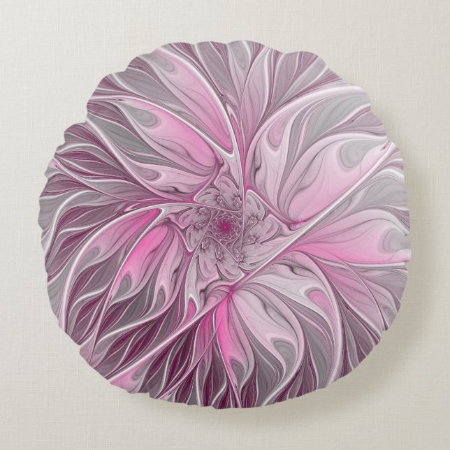 Fractal Pink Flower Dream, Floral Fantasy Pattern Rond Kussen (Voorkant)
