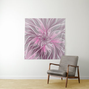 Fractal Pink Flower Dream, Floral Fantasy Pattern Wandkleed