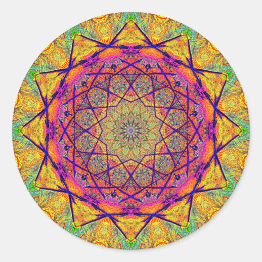 Fractal Star-vormige Mandala | Colorful Psychedeli Ronde Sticker (Voorkant)