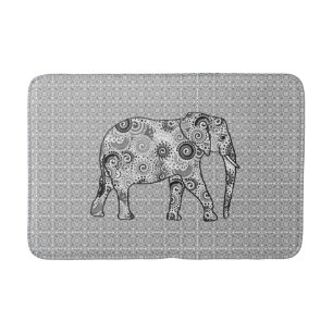Fractal Swirl Elephant, Grey, Black and White Badmat