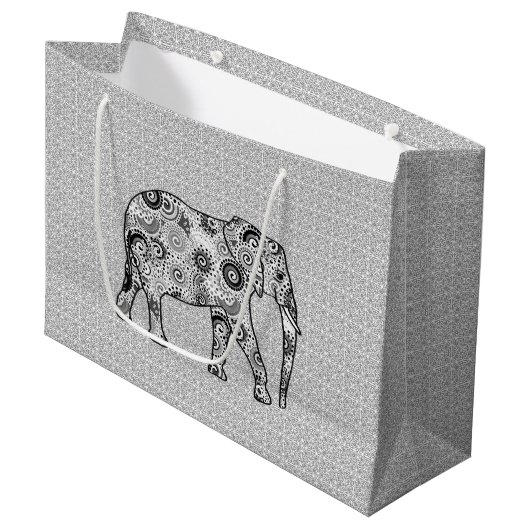 Fractal Swirl Elephant, Grey, Black and White Groot Cadeauzakje (Voorkant Gekanteld)