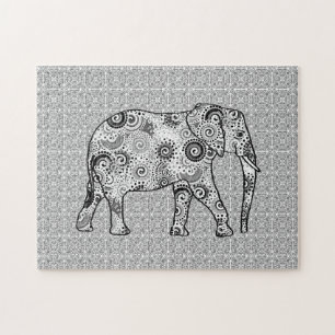 Fractal Swirl Elephant, Grey, Black and White Legpuzzel