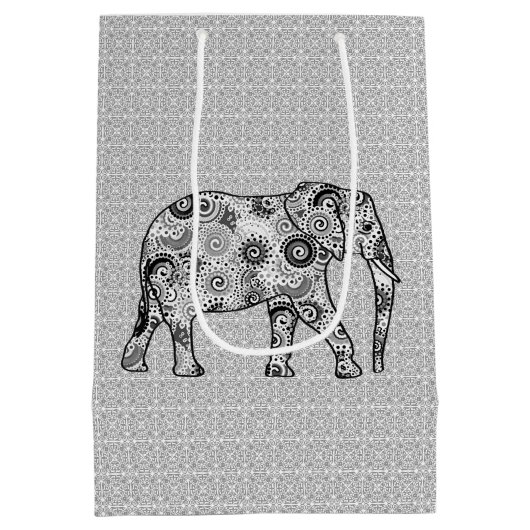 Fractal Swirl Elephant, Grey, Black and White Medium Cadeauzakje (Achterkant)