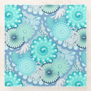 Fractal swirl patroon, Light Blue en Aqua Glazen Onderzetter