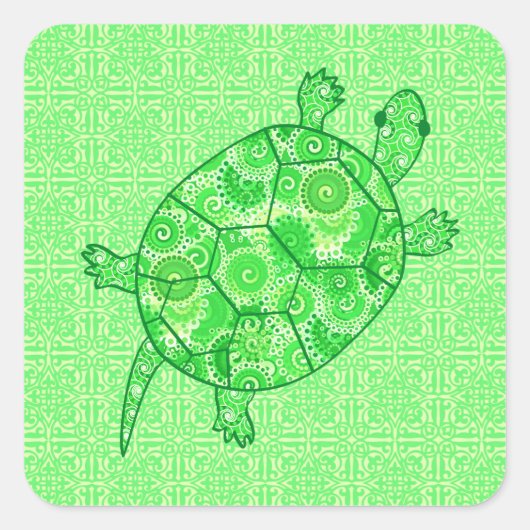 Fractal swirl turtle - limoen en smaragdgroen vierkante sticker (Voorkant)